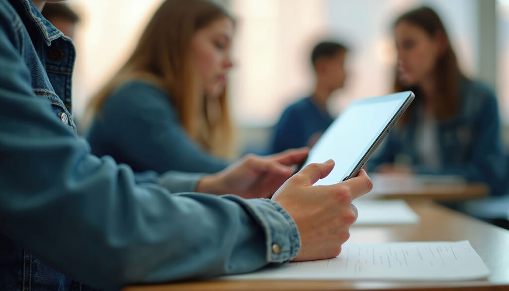 student using tablet in class